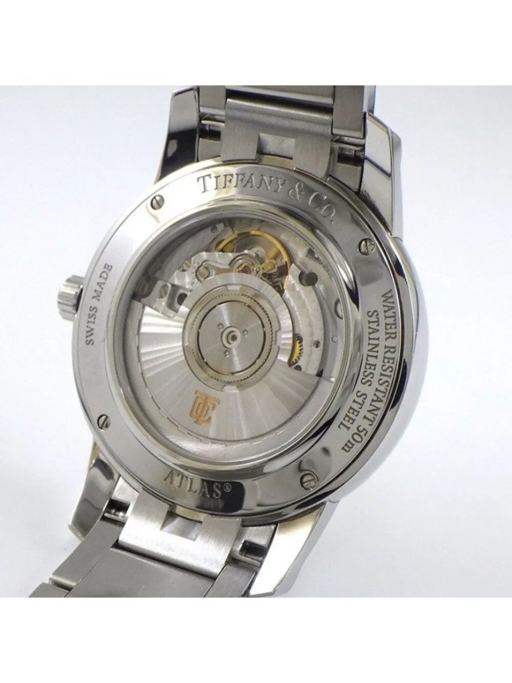 Tiffany & Co Watch Atlas Dome Date Back Skelton Guilloche Silver Dial SS